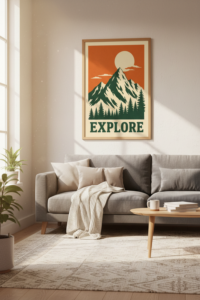 Explore Mountain Wall Art | Retro Orange &amp; Green Nature Poster, Cabin Decor