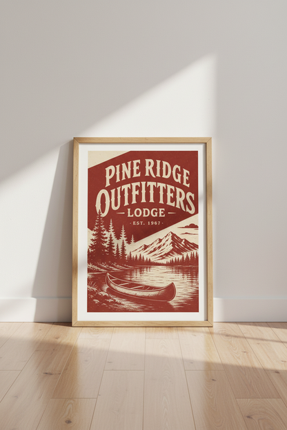 Pine Ridge Lodge Wall Art | Rustic Red Mountain Poster, Cabin Decor