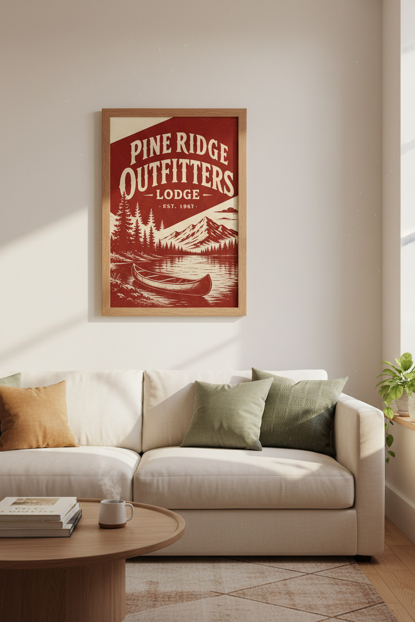 Pine Ridge Lodge Wall Art | Rustic Red Mountain Poster, Cabin Decor