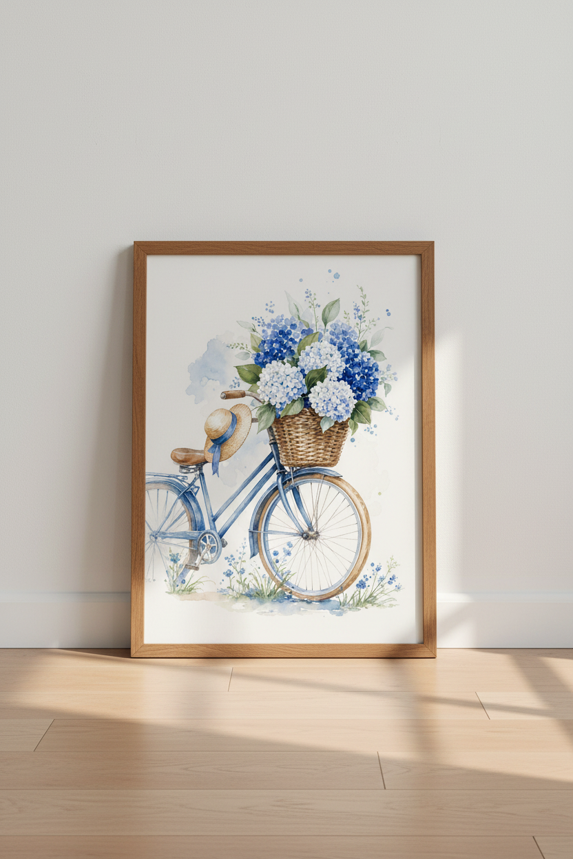 Blue Hydrangea Bicycle Wall Art | Cottagecore Floral Decor | Watercolor Poster