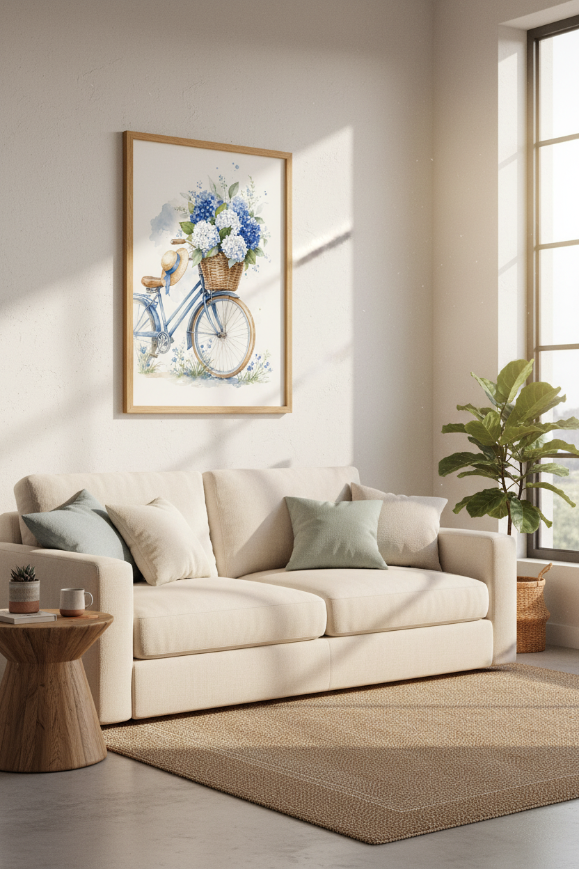 Blue Hydrangea Bicycle Wall Art | Cottagecore Floral Decor | Watercolor Poster