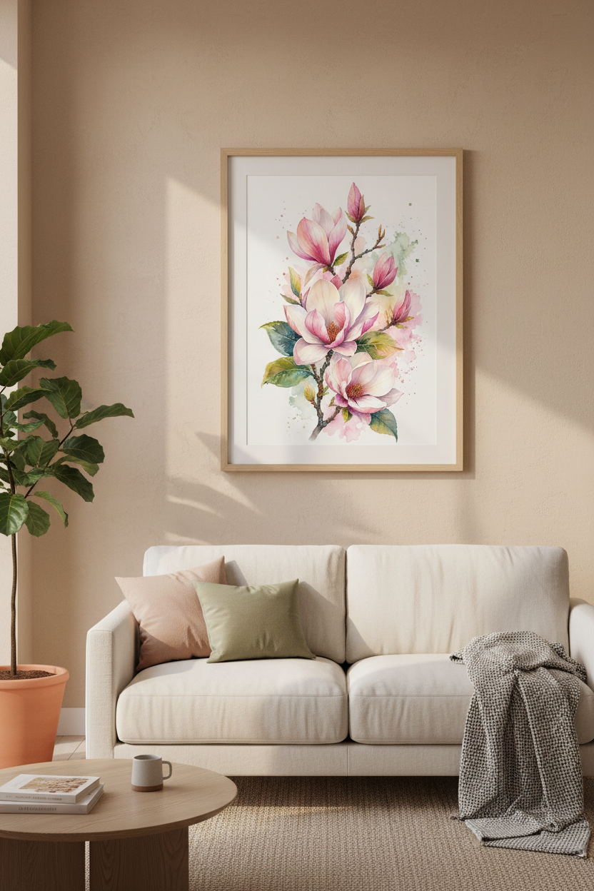 Magnolia Watercolor Floral Wall Art Print | Bedroom Decor | Soft Botanical Poster