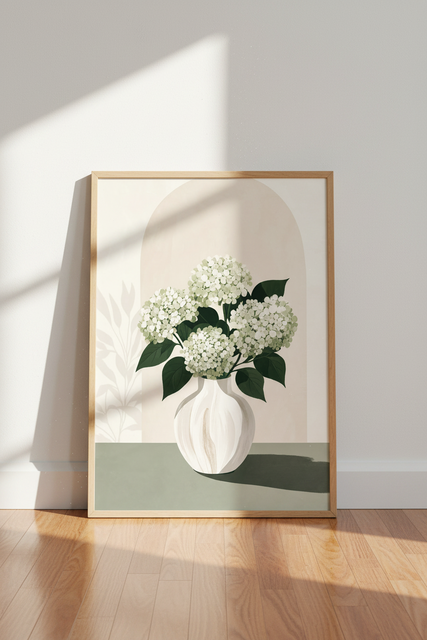 White Hydrangea Floral Wall Art | Neutral Botanical Decor, Sage Green Poster