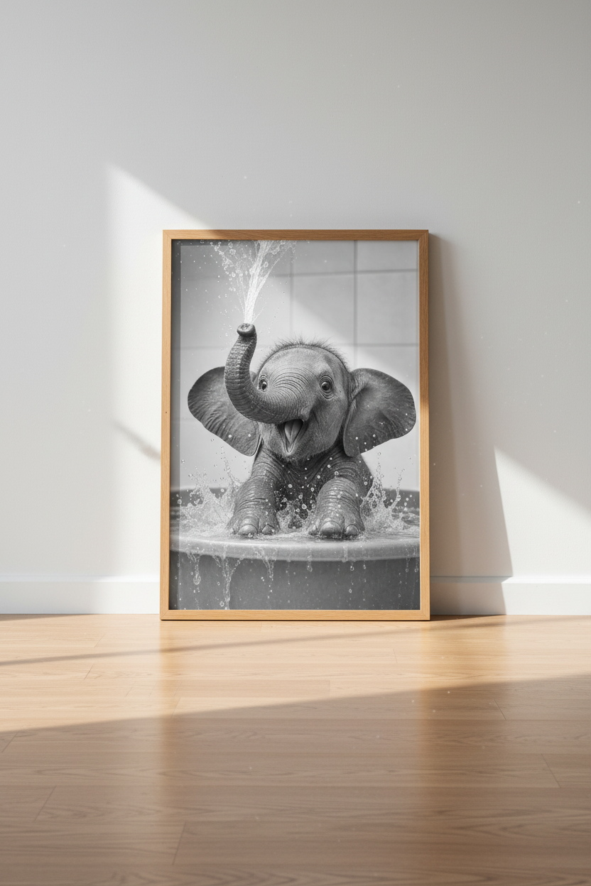 Baby Elephant Bath Time Wall Art | Nursery Decor | Black and White Animal Poster