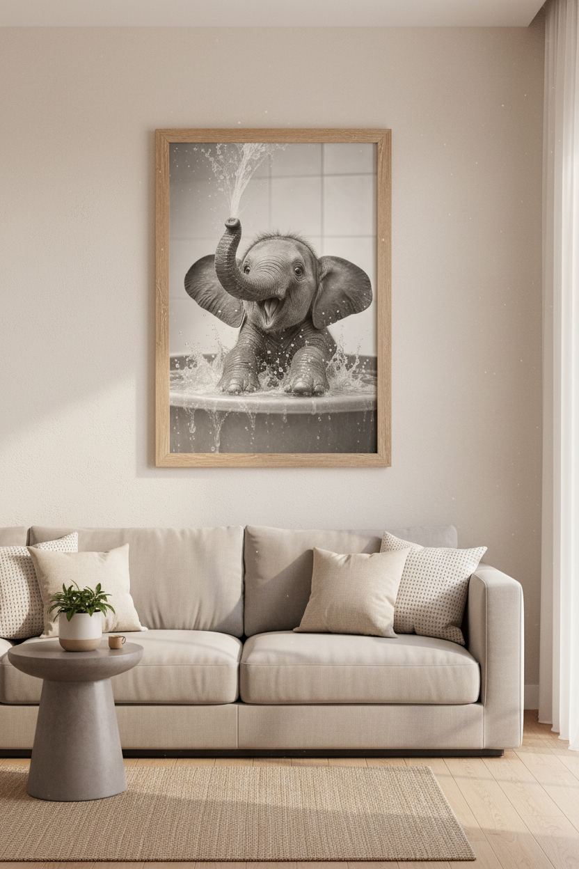 Baby Elephant Bath Time Wall Art | Nursery Decor | Black and White Animal Poster