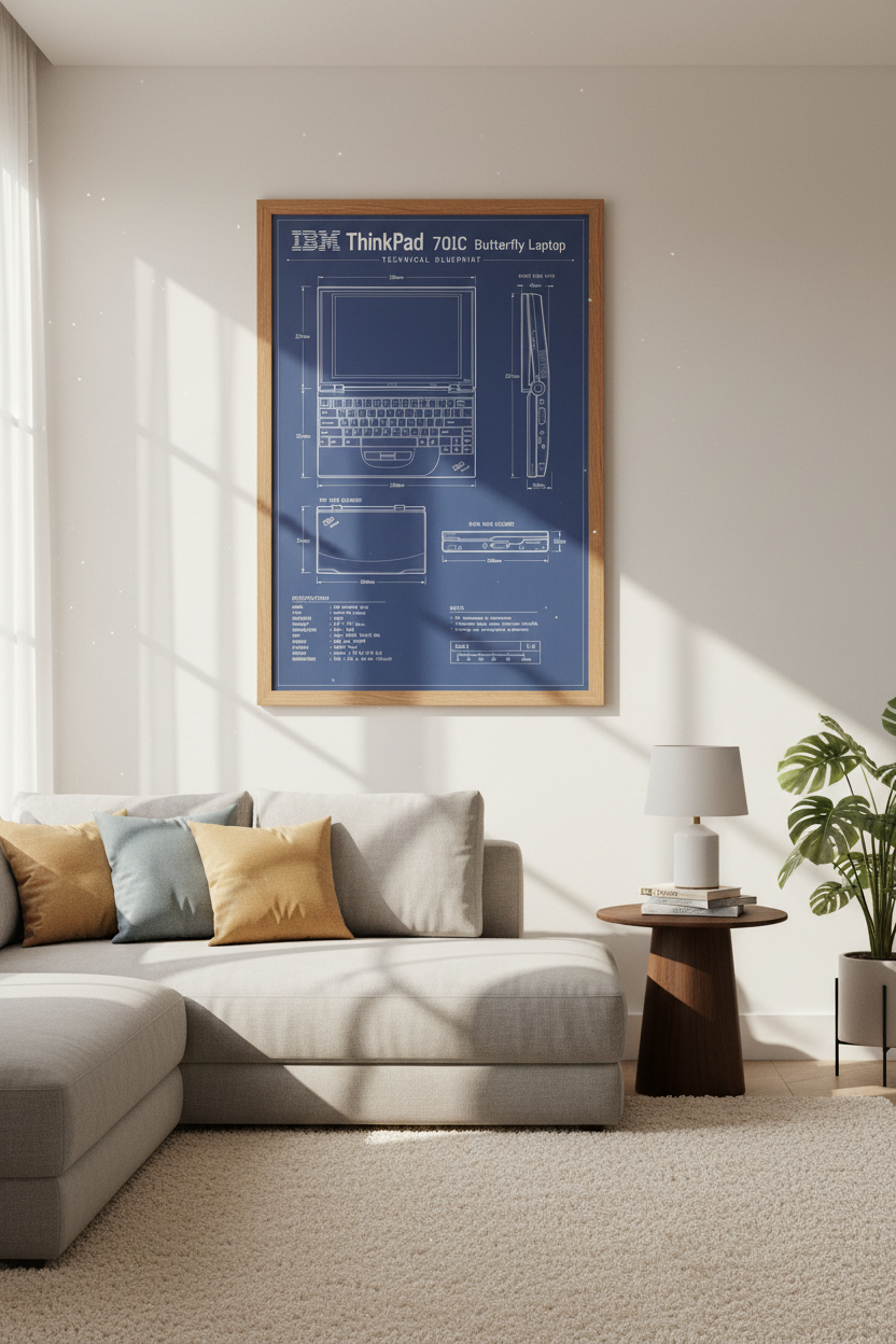 IBM ThinkPad 701C Blueprint Wall Art | Tech Office Decor | Retro Laptop Poster