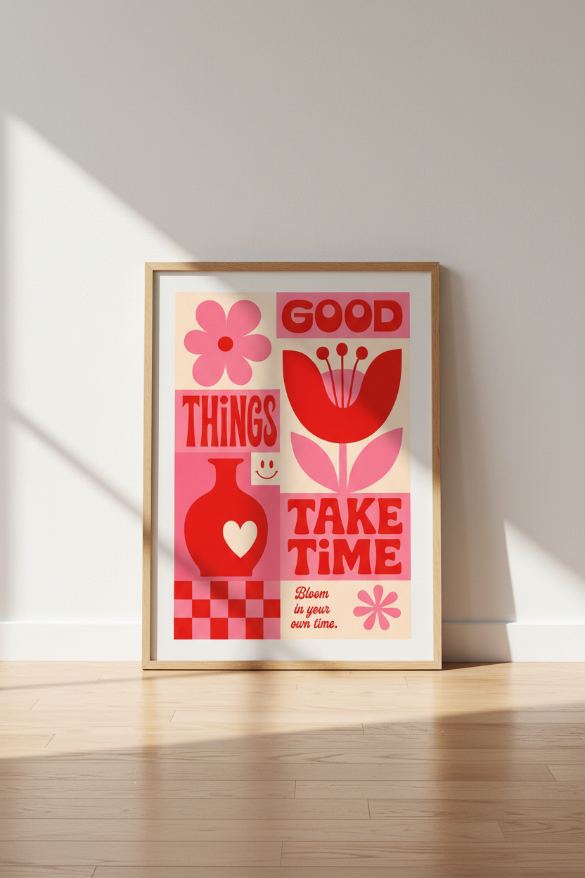Retro Floral Quote Wall Art Print | Pink Red Dorm Decor | Bauhaus Poster
