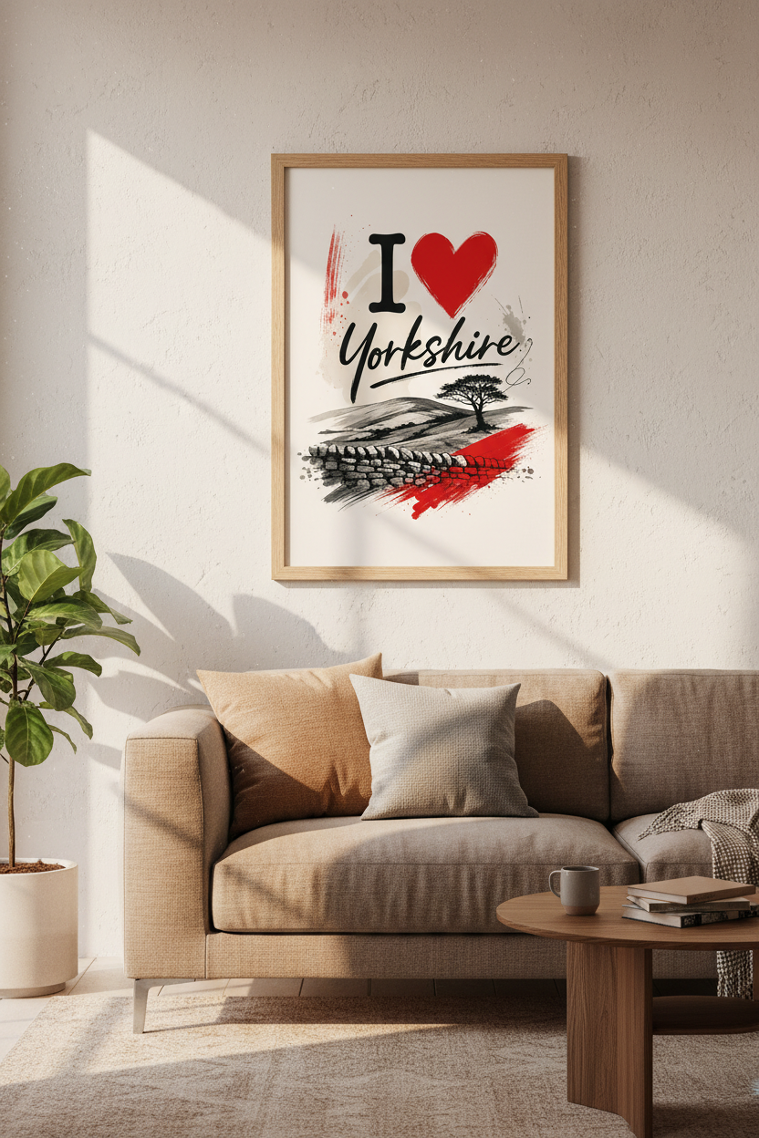 I Love Yorkshire Wall Art Print | Red Heart Landscape Decor | Modern UK Travel Poster