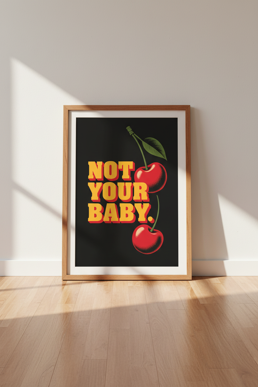 Not Your Baby Cherry Wall Art | Retro Red &amp; Black Poster | Funky Dorm Decor