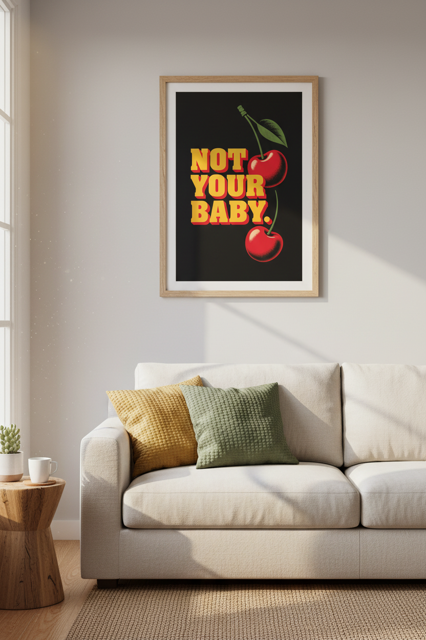 Not Your Baby Cherry Wall Art | Retro Red &amp; Black Poster | Funky Dorm Decor