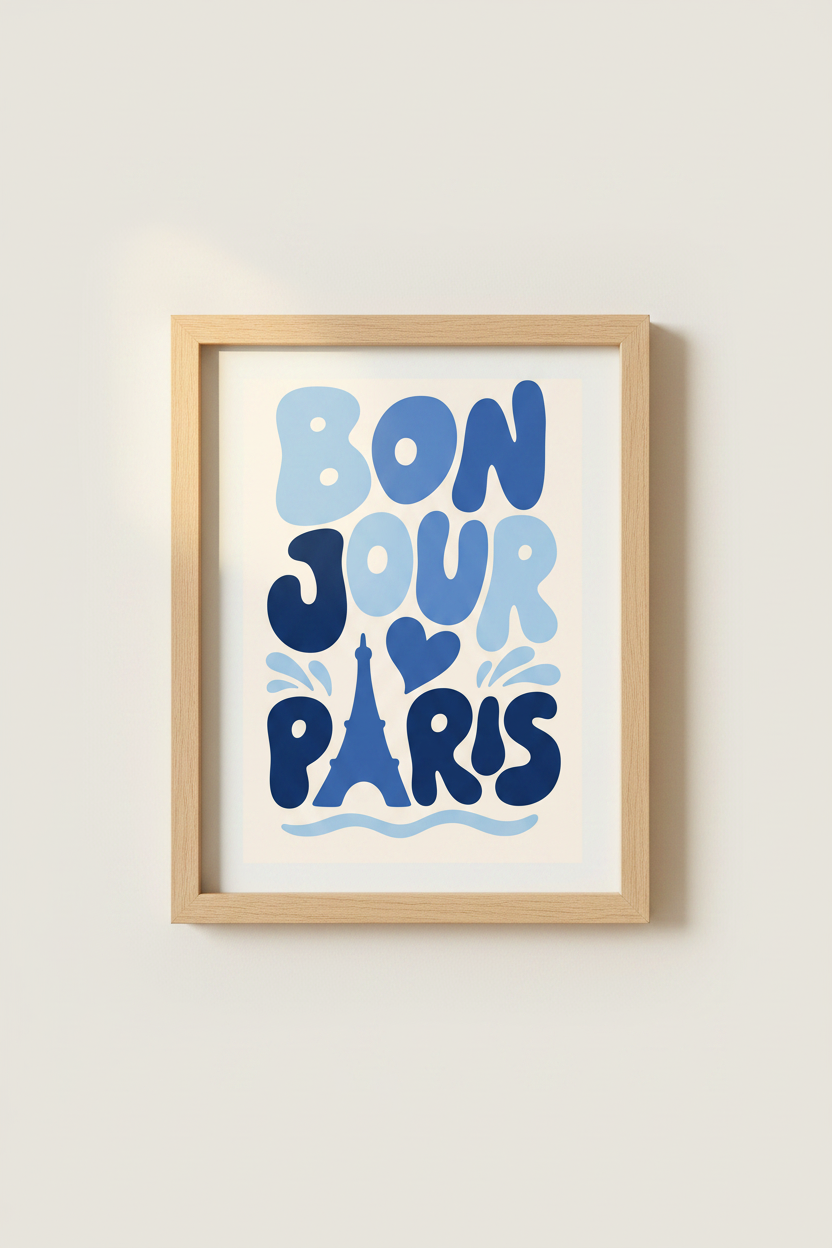 Bonjour Paris Poster | Retro Pop Art Blues | Living Room Decor