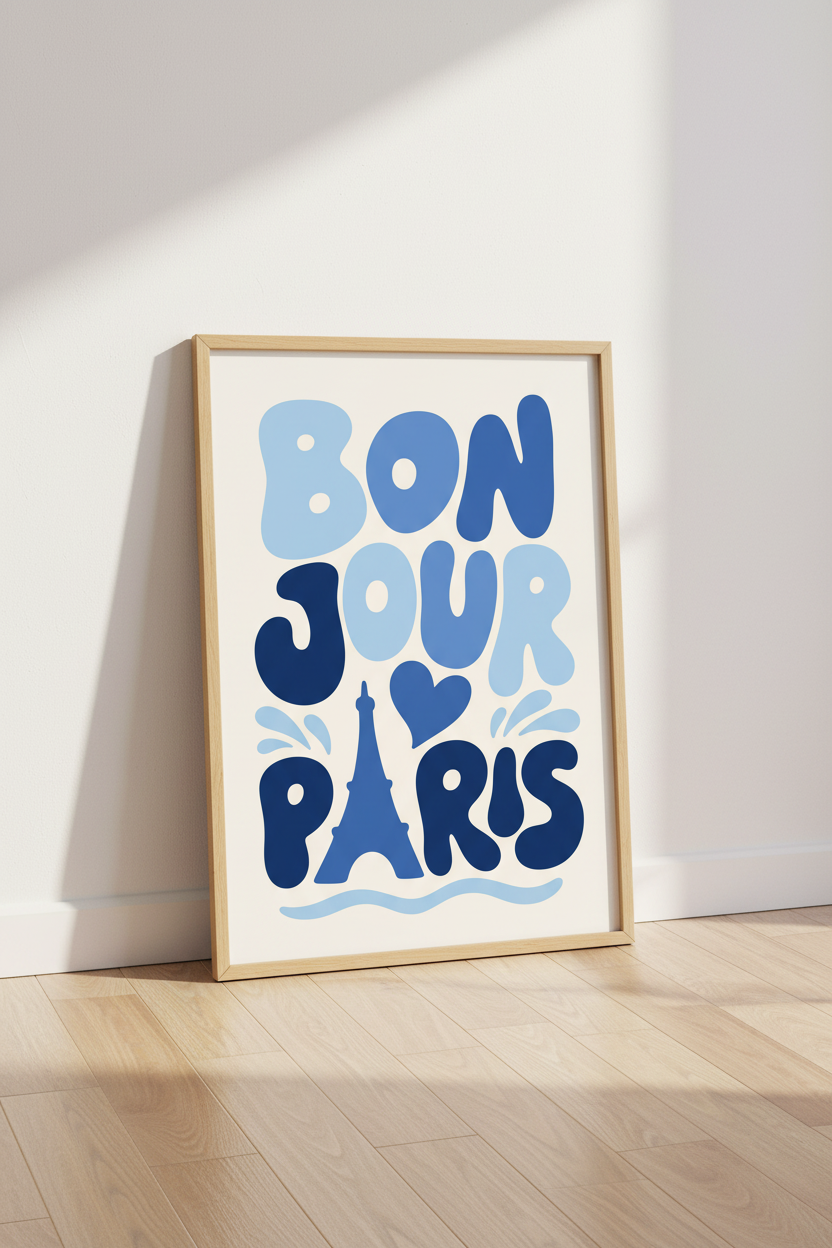 Bonjour Paris Poster | Retro Pop Art Blues | Living Room Decor