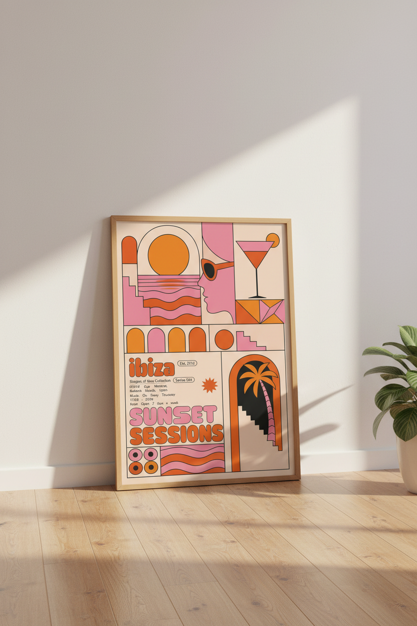 Ibiza Sunset Sessions Wall Art Print | Retro Pink Orange Decor | Geometric Poster