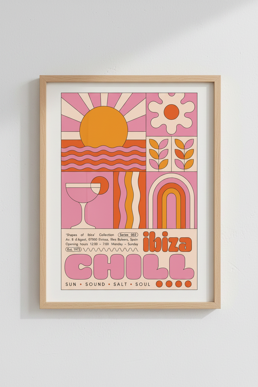 Ibiza Retro Wall Art Print | Pink &amp; Orange Sunset Decor | Boho Chic Poster