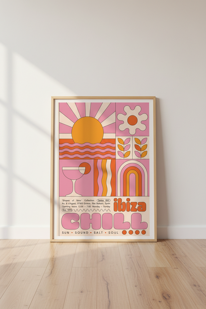 Ibiza Retro Wall Art Print | Pink &amp; Orange Sunset Decor | Boho Chic Poster