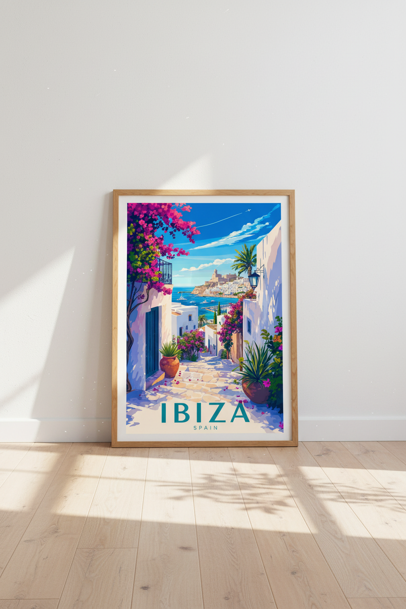 Ibiza Spain Travel Poster | Mediterranean Seascape Wall Art | Vibrant Coastal Decor