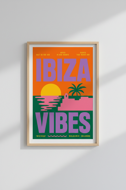 Ibiza Vibes Wall Art | Retro Sunset Travel Poster, Balearic Islands Decor