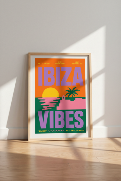 Ibiza Vibes Wall Art | Retro Sunset Travel Poster, Balearic Islands Decor