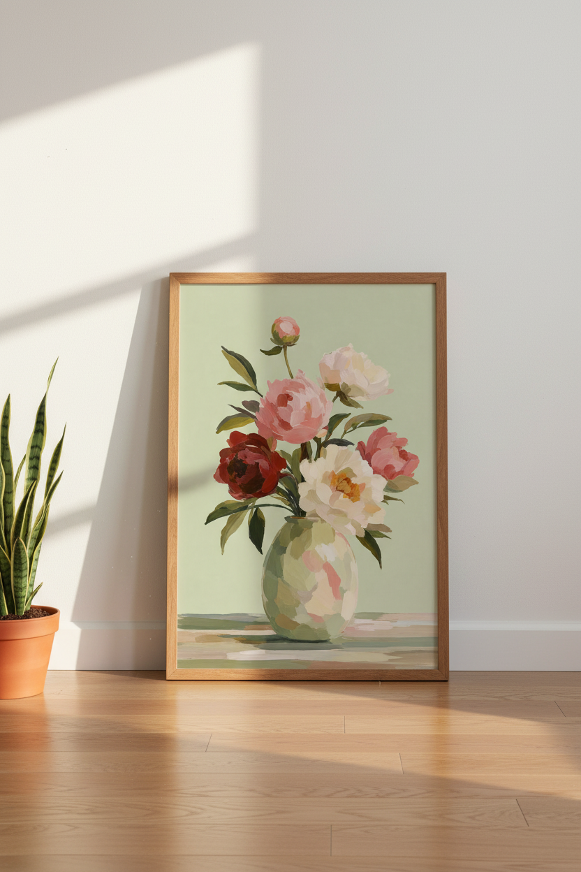 Peony Floral Bouquet Wall Art | Pink Oil Painting Decor | Vintage Botanical Poster