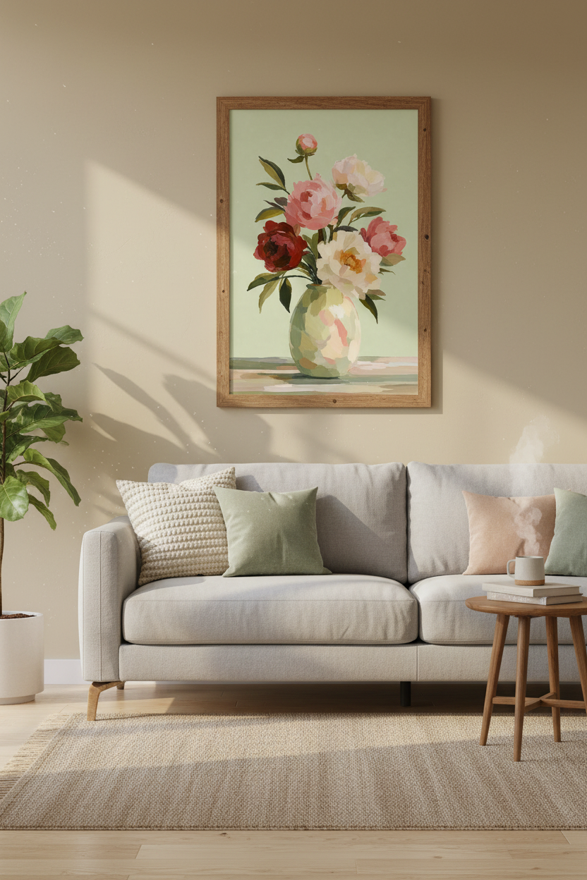 Peony Floral Bouquet Wall Art | Pink Oil Painting Decor | Vintage Botanical Poster