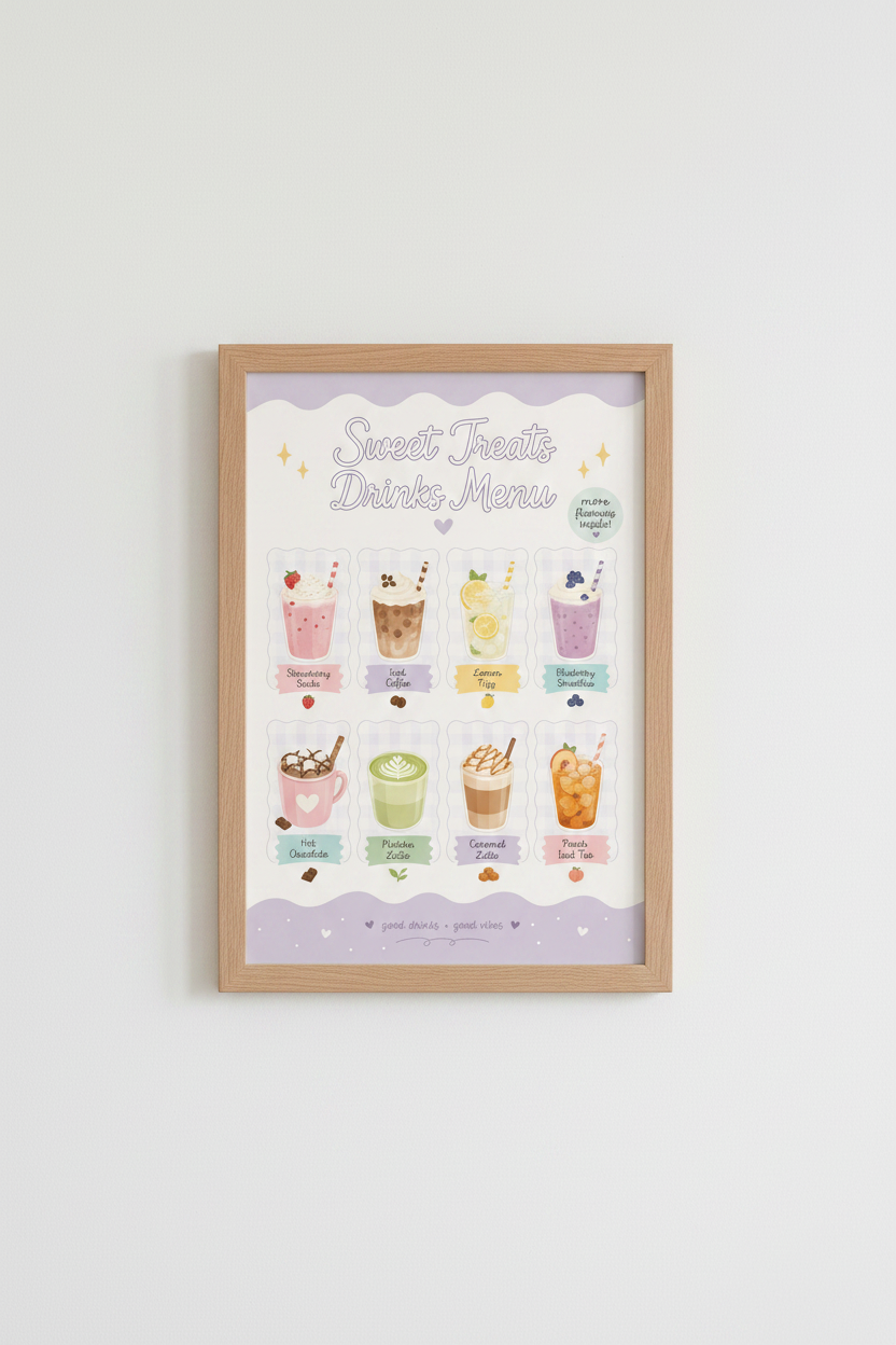 Kawaii Drinks Menu Wall Art | Pastel Kitchen Decor | Cute Beverage Poster
