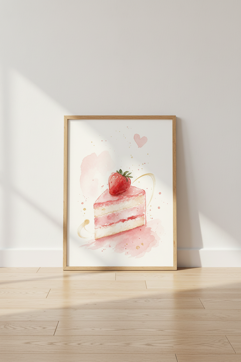 Strawberry Cake Watercolor Art | Pink Kitchen Decor | Whimsical Coquette Poster