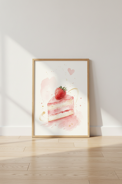 Strawberry Cake Watercolor Art | Pink Kitchen Decor | Whimsical Coquette Poster