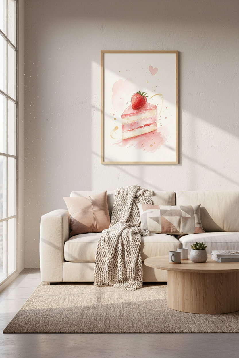 Strawberry Cake Watercolor Art | Pink Kitchen Decor | Whimsical Coquette Poster