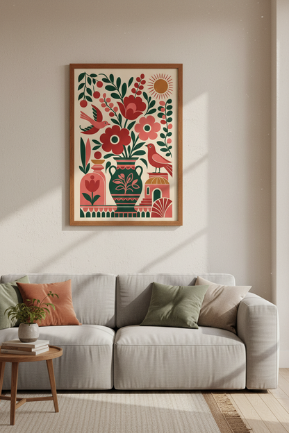 Folk Art Floral &amp; Bird Wall Art Print | Boho Kitchen Decor | Mediterranean Poster
