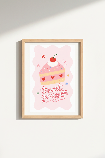 Treat Yourself Cake Art | Pink Pastel Coquette Decor, Cute Kitchen Poster