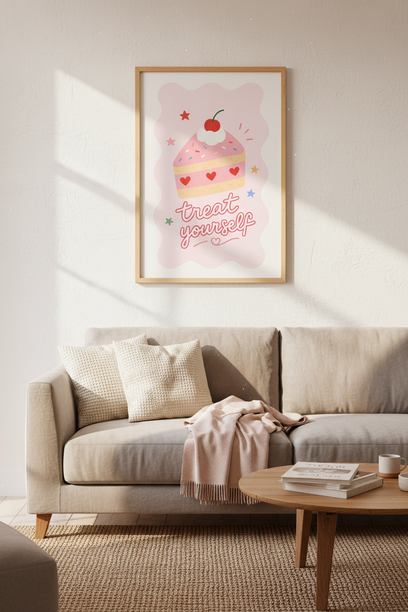 Treat Yourself Cake Art | Pink Pastel Coquette Decor, Cute Kitchen Poster