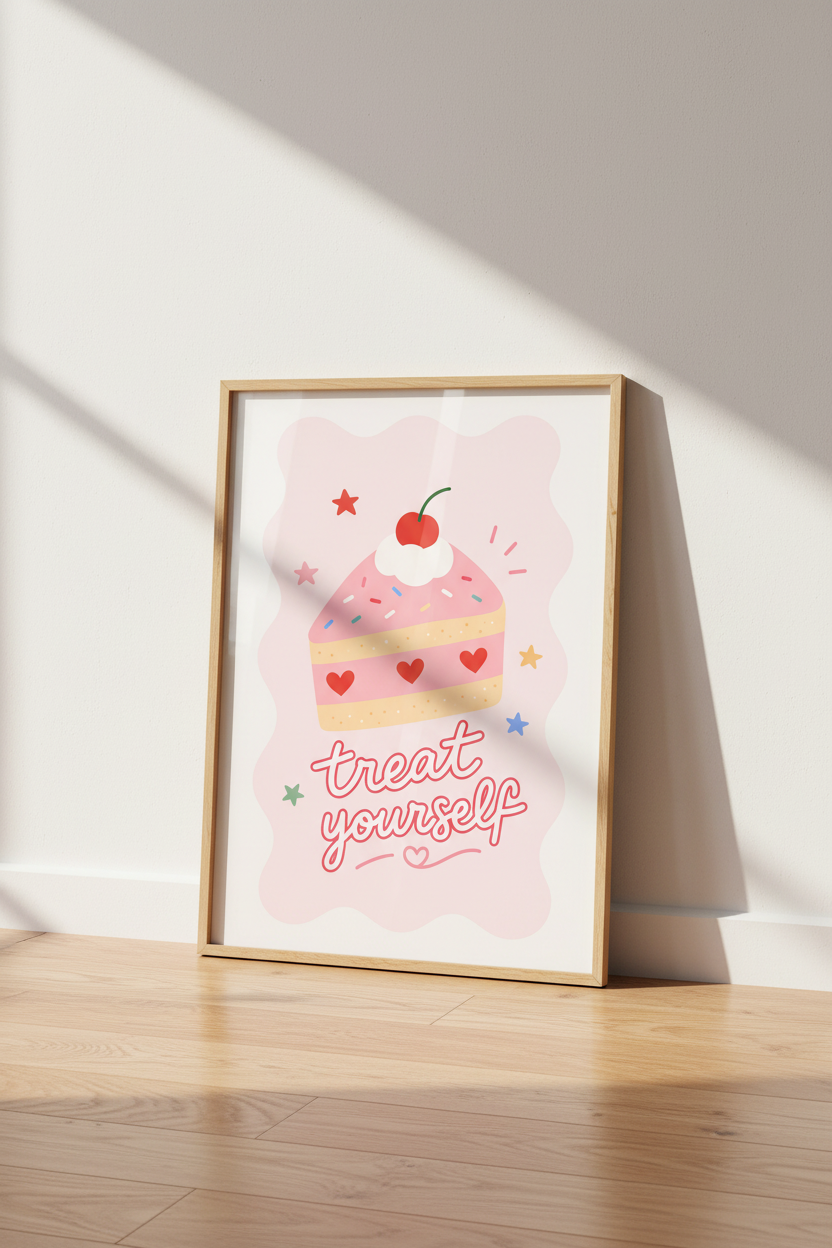 Treat Yourself Cake Art | Pink Pastel Coquette Decor, Cute Kitchen Poster