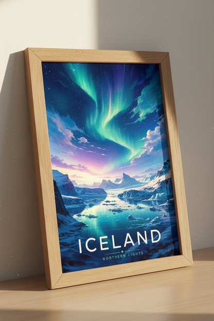 Iceland Northern Lights Art | Aurora Borealis Poster, Blue Nature Wall Decor