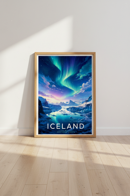 Iceland Northern Lights Art | Aurora Borealis Poster, Blue Nature Wall Decor