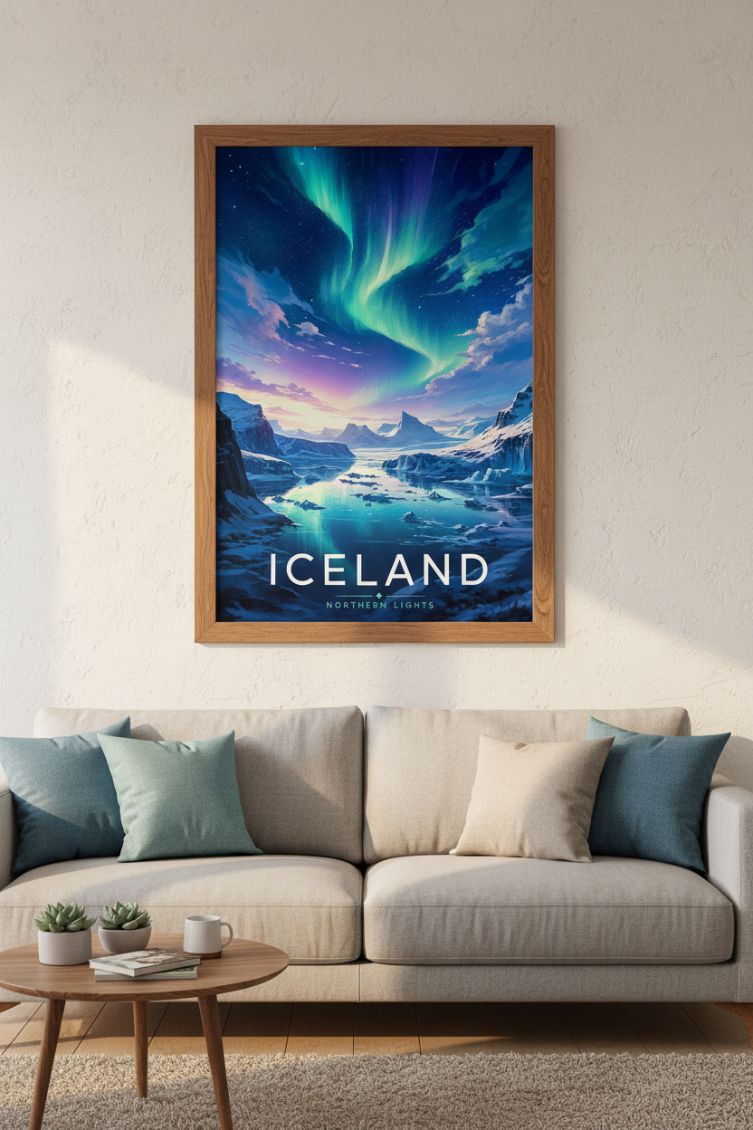 Iceland Northern Lights Art | Aurora Borealis Poster, Blue Nature Wall Decor
