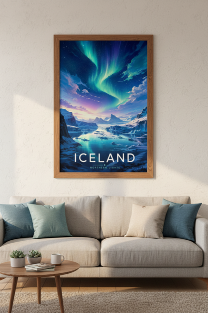 Iceland Northern Lights Art | Aurora Borealis Poster, Blue Nature Wall Decor