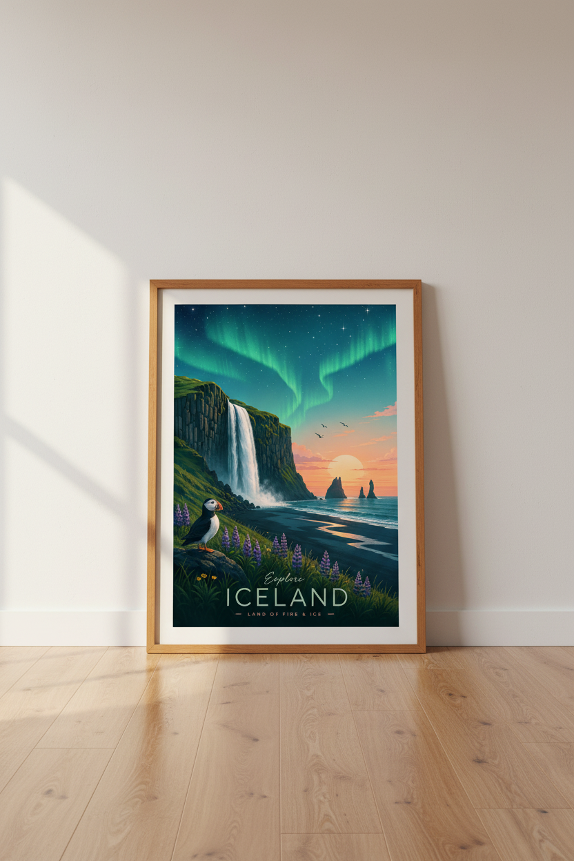 Iceland Travel Poster | Northern Lights Waterfall Art, Living Room Decor