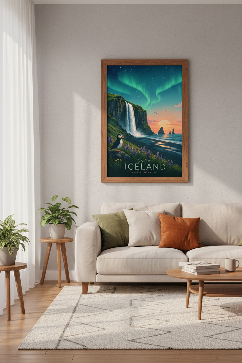 Iceland Travel Poster | Northern Lights Waterfall Art, Living Room Decor