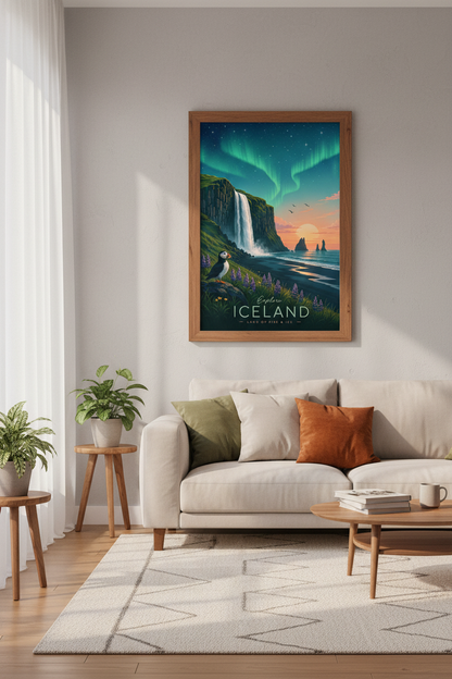 Iceland Travel Poster | Northern Lights Waterfall Art, Living Room Decor