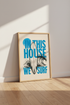 Surfboard Wave Graphic Art | Blue Retro Coastal Poster, Beach House Decor