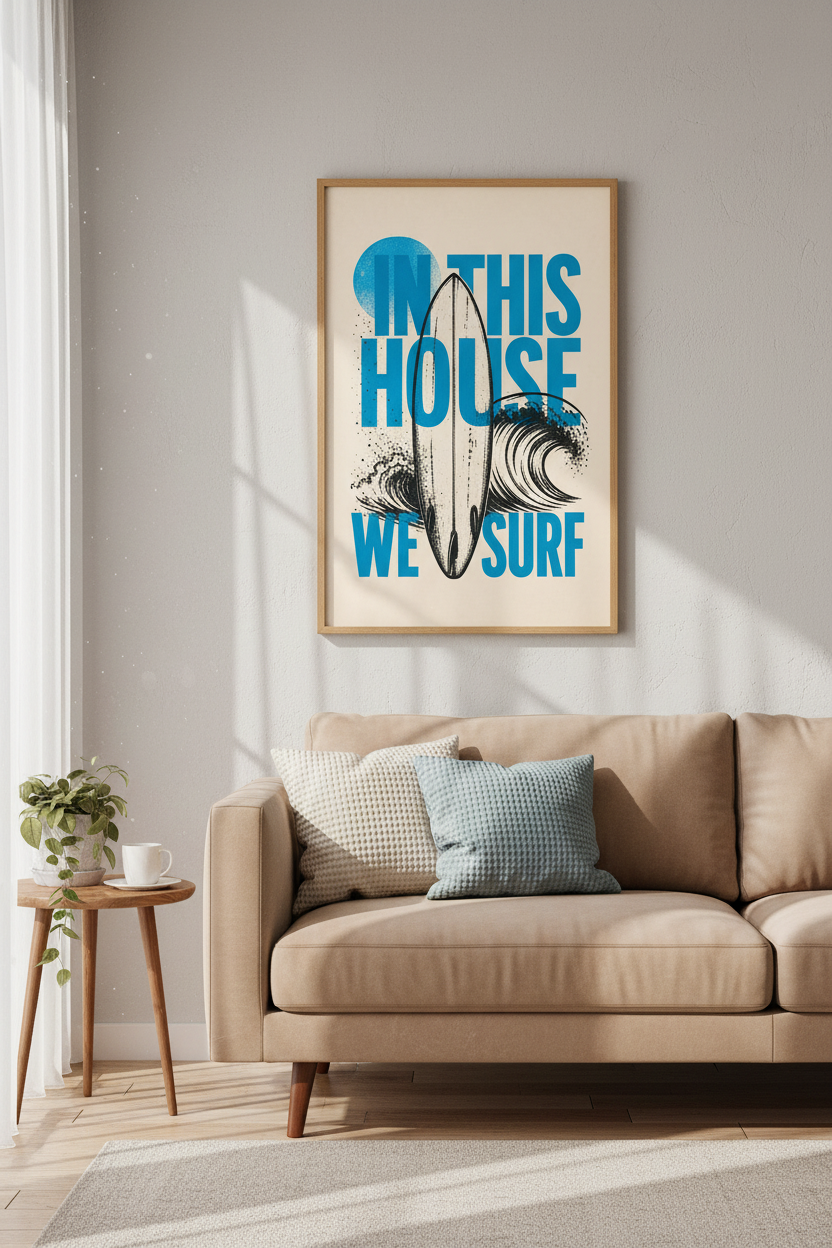 Surfboard Wave Graphic Art | Blue Retro Coastal Poster, Beach House Decor