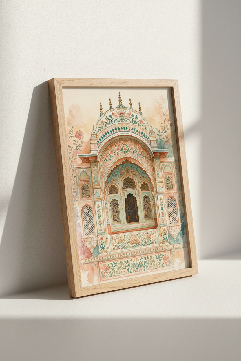 Indian Architecture Wall Art | Pastel Floral Mural, Arch Poster Print