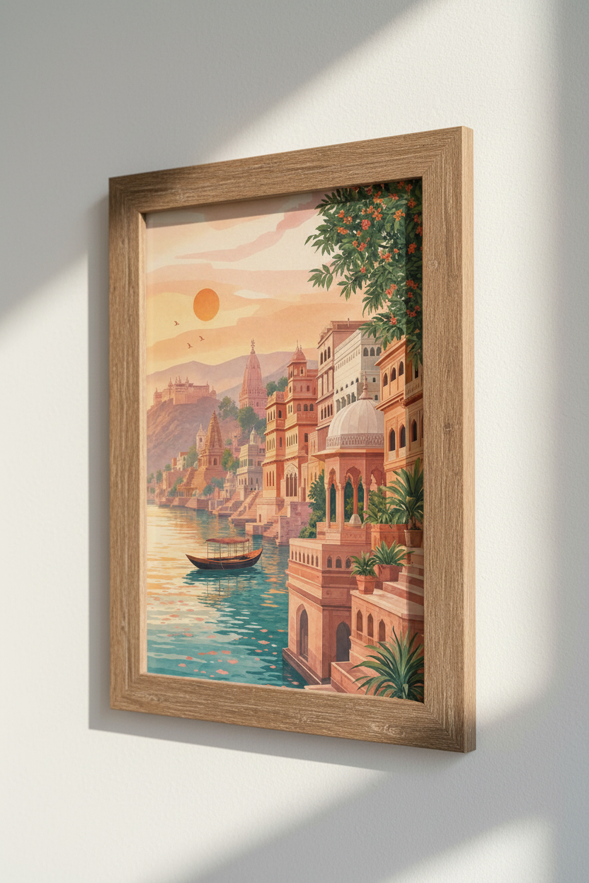 Varanasi India Landscape Art | Sunset River Watercolor, Living Room Decor