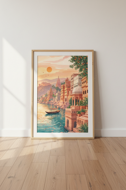 Varanasi India Landscape Art | Sunset River Watercolor, Living Room Decor