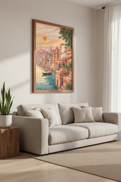 Varanasi India Landscape Art | Sunset River Watercolor, Living Room Decor