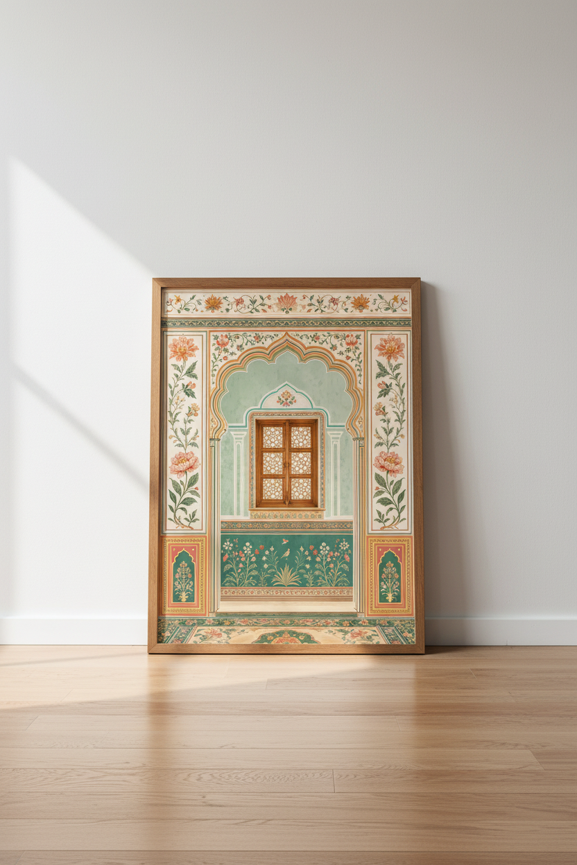 Indian Window Arch Wall Art | Mughal Floral Mural Print, Boho Living Room Decor