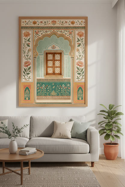 Indian Window Arch Wall Art | Mughal Floral Mural Print, Boho Living Room Decor