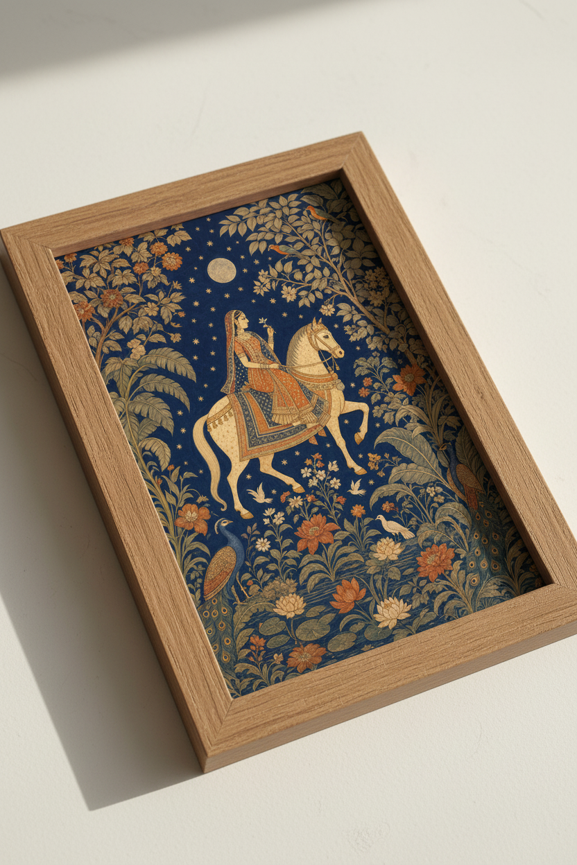 Indian Princess on Horse Wall Art | Mughal Style Navy Decor | Exotic Boho Poster