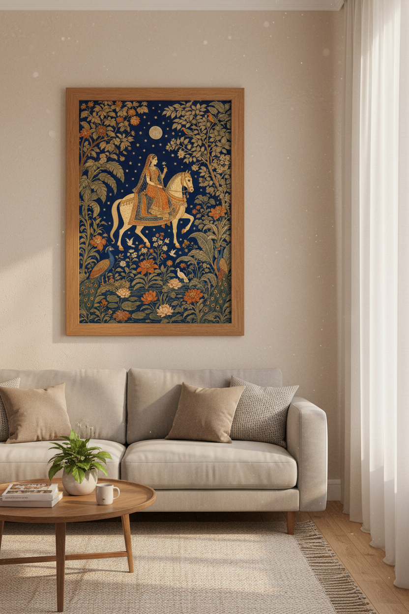 Indian Princess on Horse Wall Art | Mughal Style Navy Decor | Exotic Boho Poster