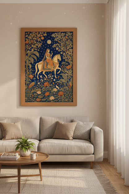 Indian Princess on Horse Wall Art | Mughal Style Navy Decor | Exotic Boho Poster